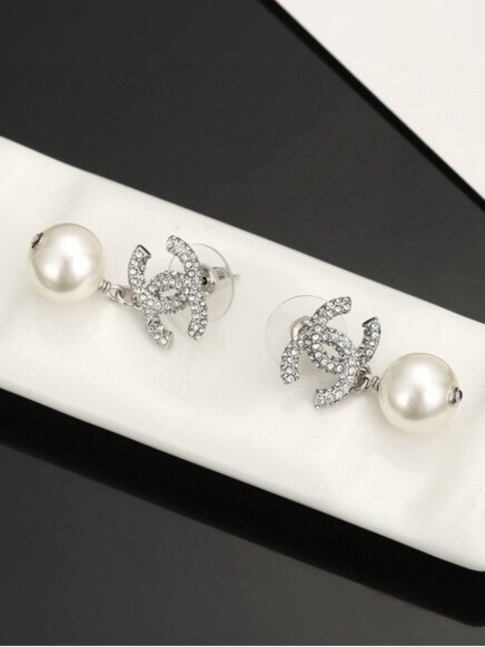 CHANEL Silver Crystal CC Drop Earrings with White Pearls - Picture 5 of 6